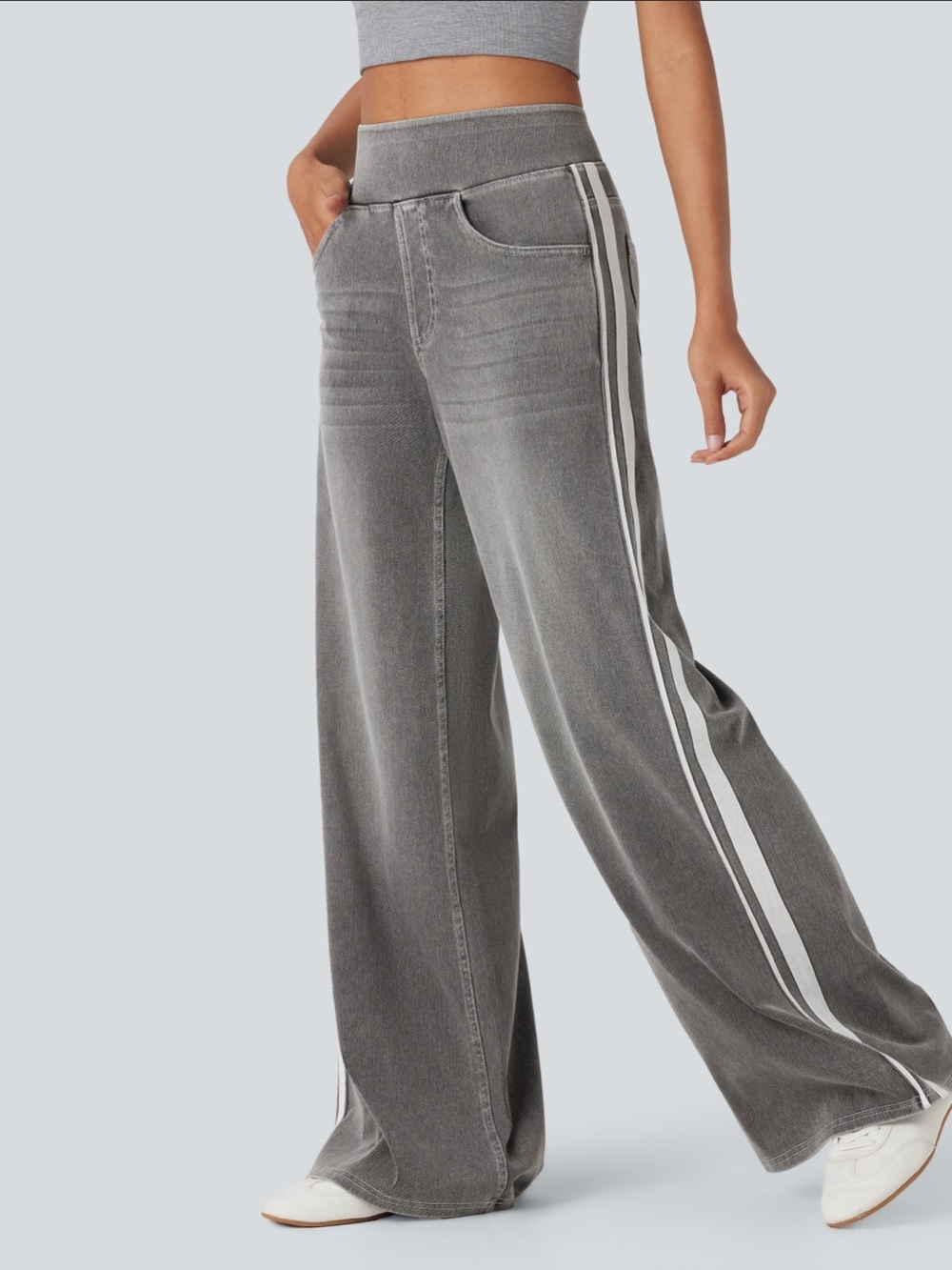 HALARA Gray Wide-Leg Flare Jeans with White Side Stripes